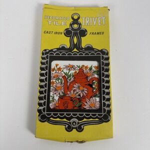 Vtg Cast Iron Ceramic Tile Trivet  Floral Tea Pot Wall Hanging Kitchen Cottage